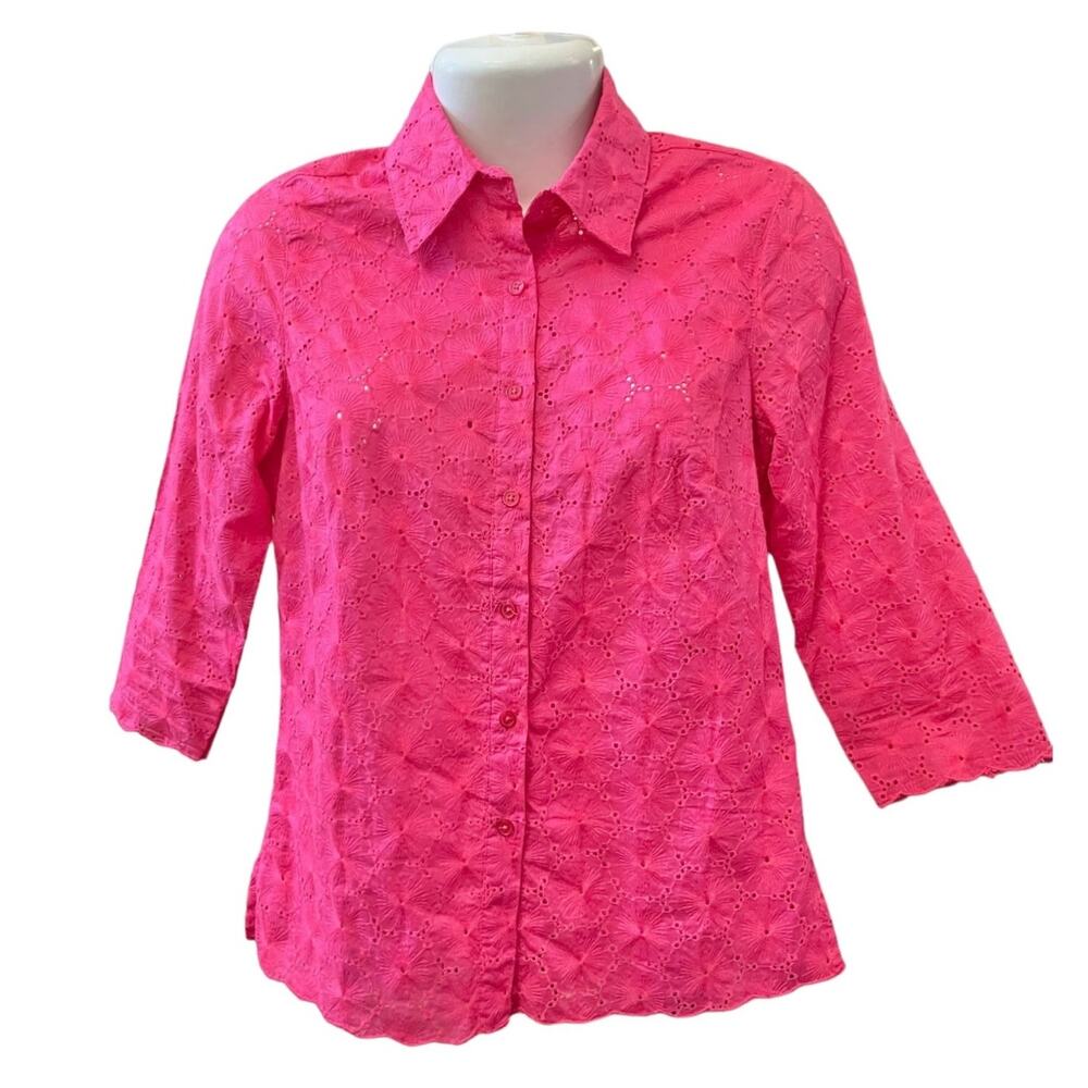 Coldwater Creek Women's Pink Floral Cotton Eyelet Pattern Button-Up Blouse SZ XS